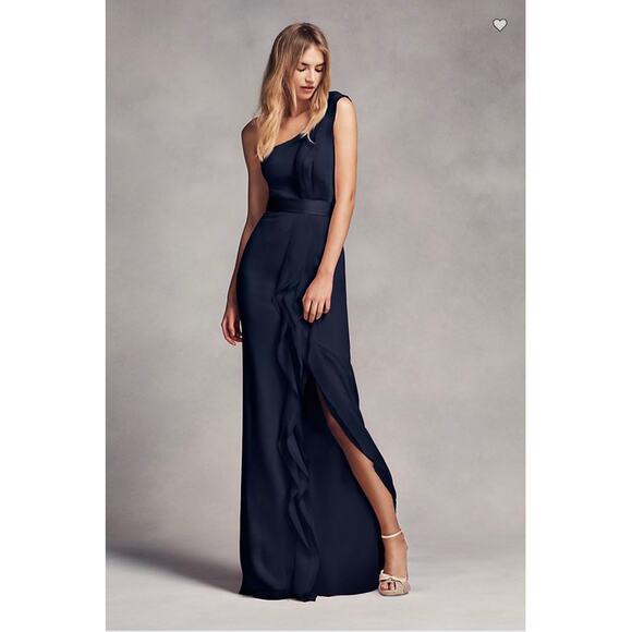 Vera Wang White Navy One Shoulder Ruffle Slit Formal Evening Gown Wedding Dress - Picture 1 of 13